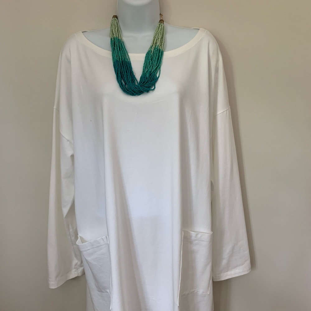 Eileen Fisher White Long Sleeve Organic Cotton Stretch Jersey Tunic with Pockets